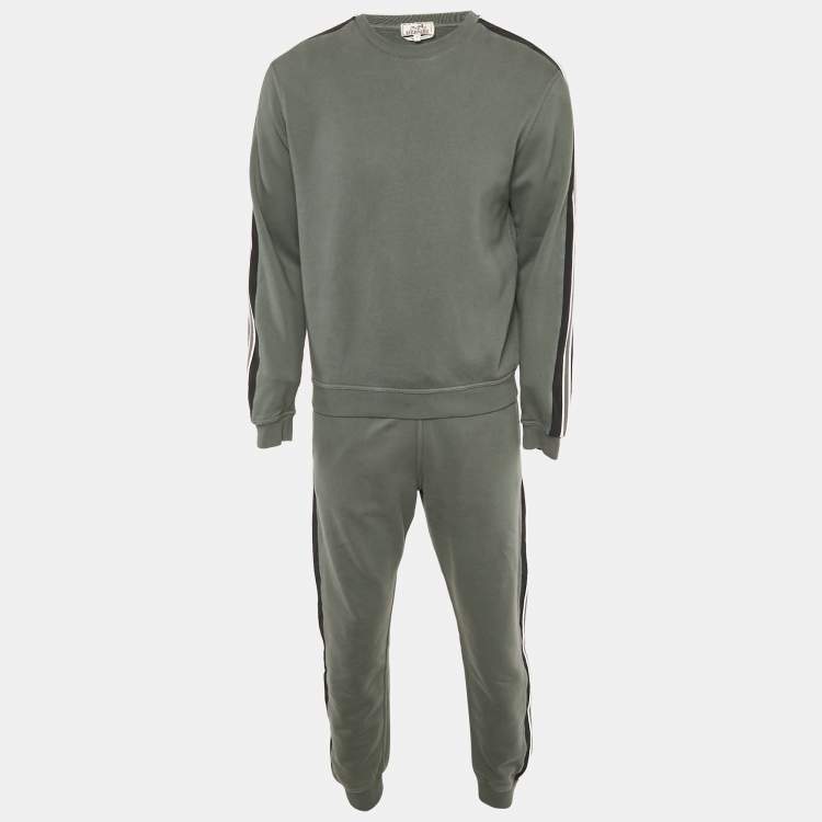 Pre Owned Hermes Green Cotton Run H Crewneck Sweatshirt & Joggers Set M