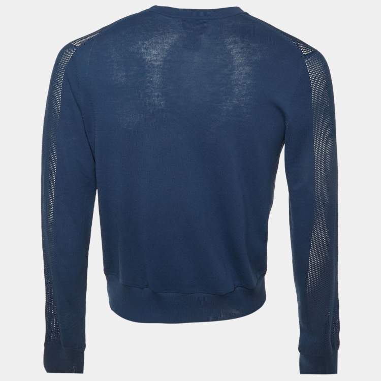 Pre Owned Hermes Dark Blue Mesh Knit Crew Neck Sweater S