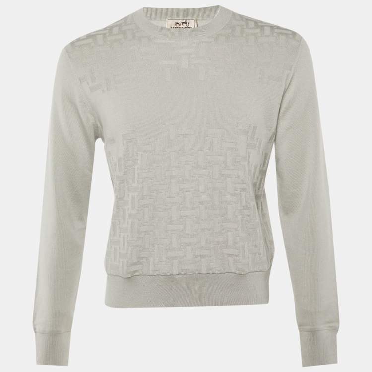 Pre Owned Hermes Grey H Pattern Cashmere Knit Crew Neck Sweater S
