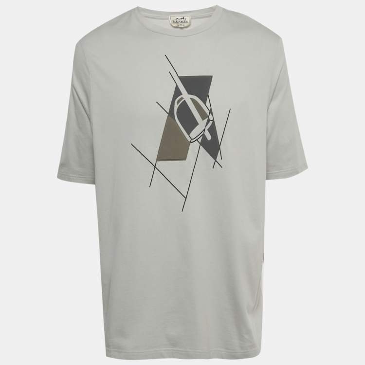 Pre Owned Hermès Grey Printed Jersey Crewneck T-Shirt XL
