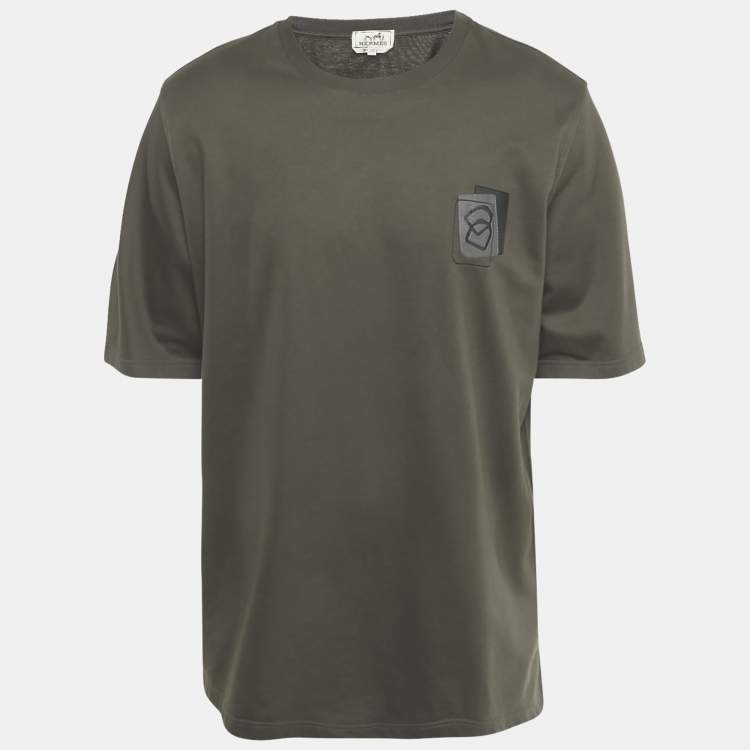 مملوكة مسبقًا Hermès Olive Green Leather Trim Cotton T-Shirt XXL 