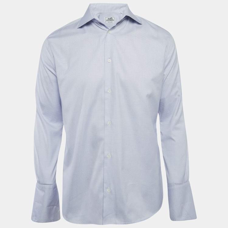 مملوكة مسبقًا قميص هيرمس قطن أزرق بنمط كامل الأكمام مقاس ميديوم