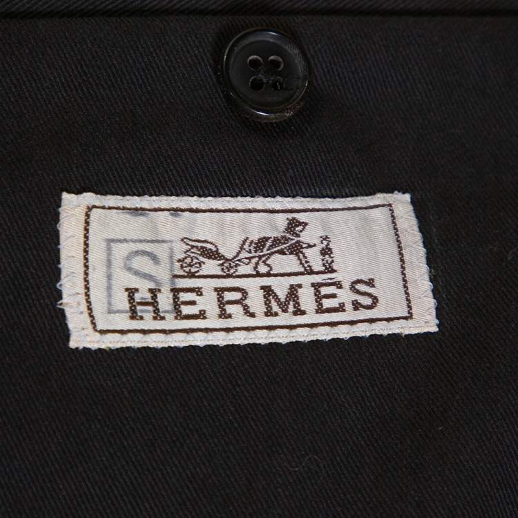 Pre Owned Hermes Black Cotton Leather Trim Two Buttoned Jacket L