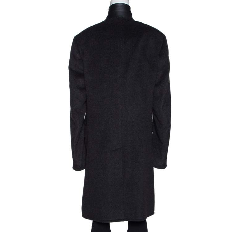 Pre Owned Hermes Anthracite Cashmere & Leather Trim Liverpool Mid Length Coat M 