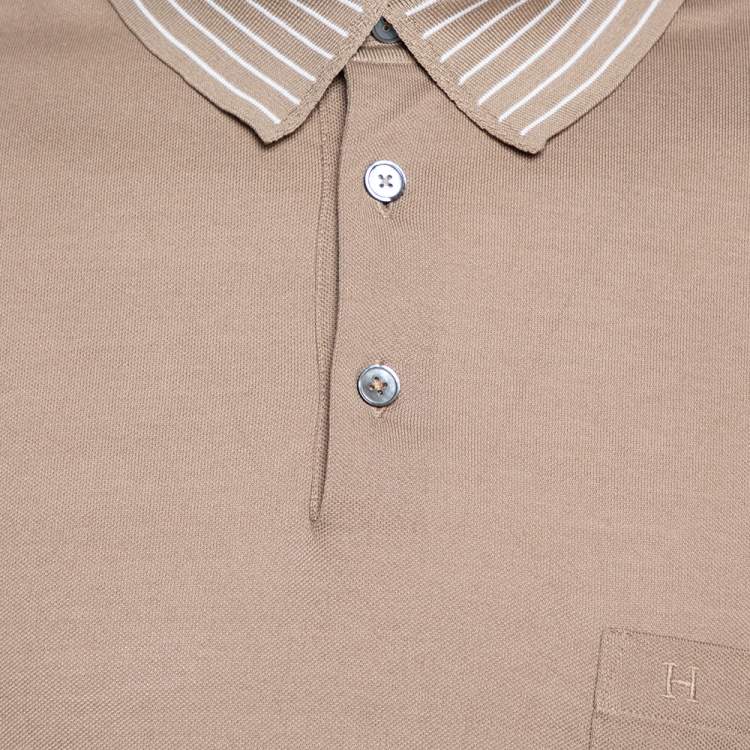 Pre Owned Hermes Beige Cotton Pique Striped Collar Polo T-Shirt XXL
