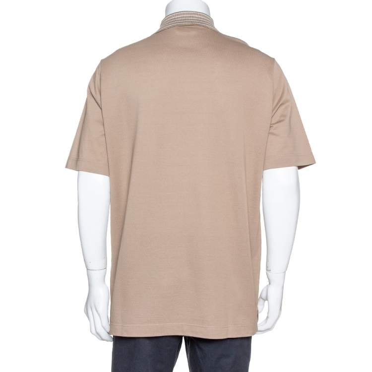 Pre Owned Hermes Beige Cotton Pique Striped Collar Polo T-Shirt XXL