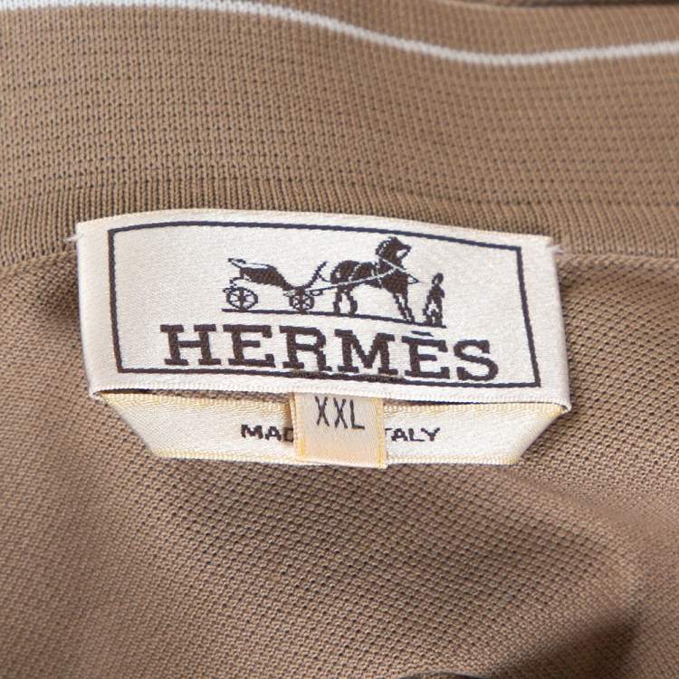 Pre Owned Hermes Beige Cotton Pique Striped Collar Polo T-Shirt XXL