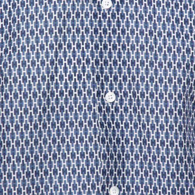 Pre Owned Hermes Blue Printed Linen & Cotton Long Sleeve Shirt M