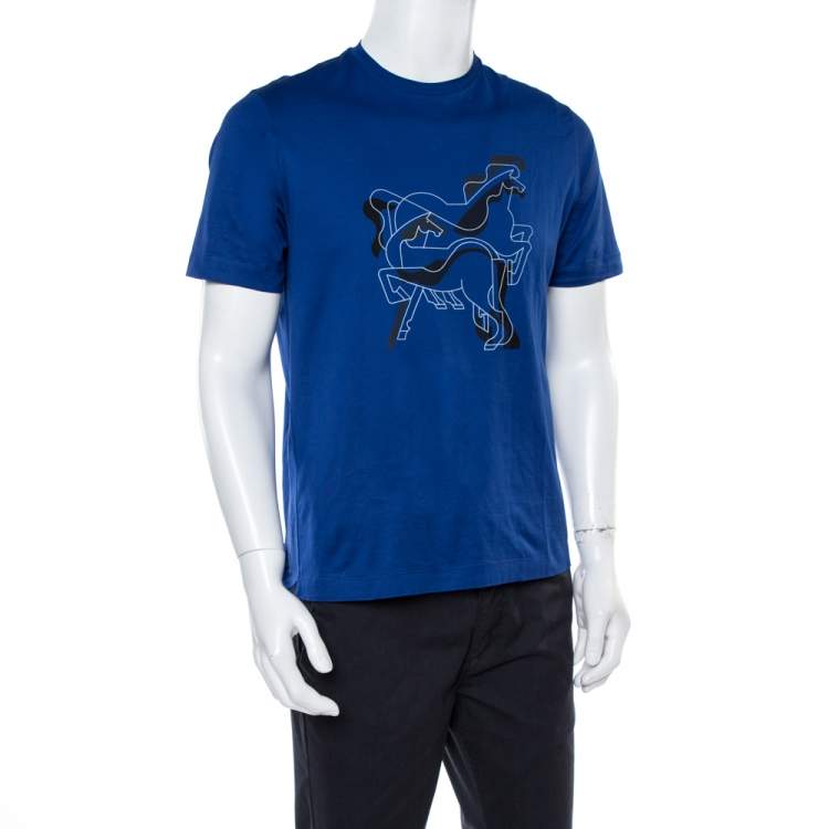 Hermes Blue Brazilian Horse Print Cotton Crew Neck T-Shirt M