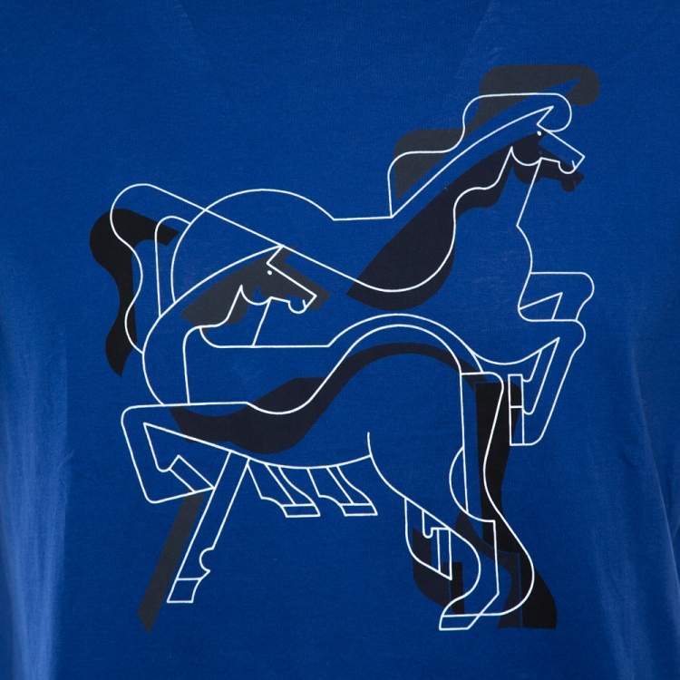 Pre Owned Hermes Blue Brazilian Horse Print Cotton Crew Neck T-Shirt M