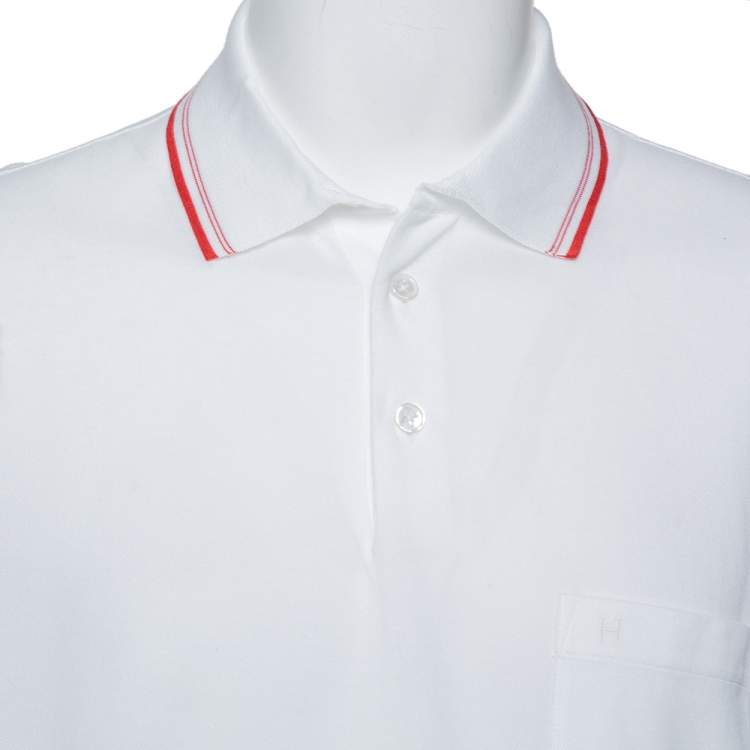 Pre Owned Hermes White Cotton Pique Contrast Detail Polo T Shirt XXL