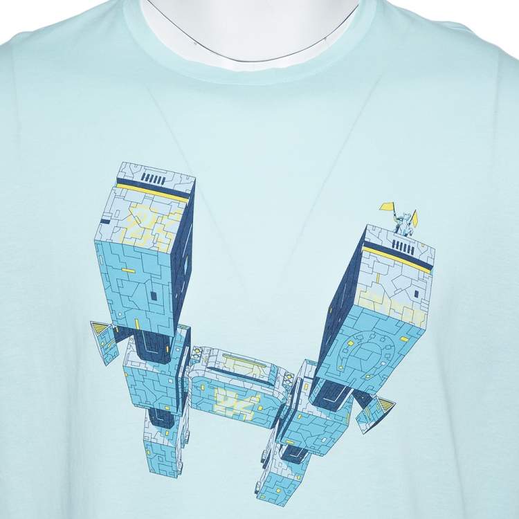 Pre Owned Hermes Sea Blue Odysee Printed Cotton Crewneck T-Shirt XXL