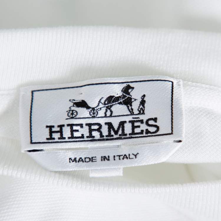 Pre Owned Hermes White Cotton Pique Logo Embroidered Pocket Detail Crewneck T-Shirt L