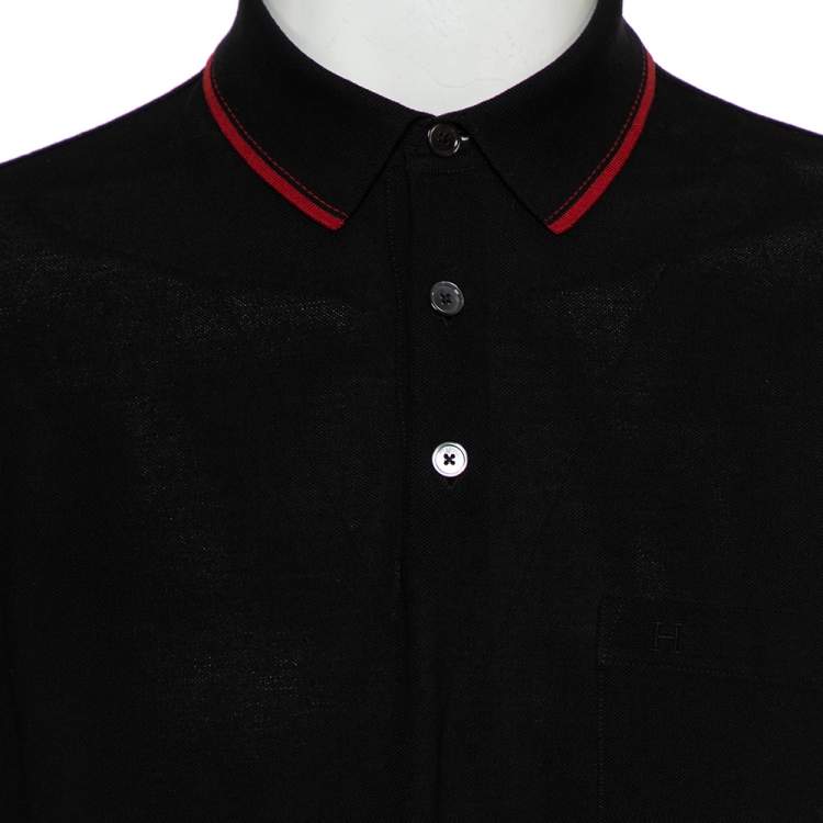 Pre Owned Hermes Black Cotton Pique Logo Embroidered Polo T-Shirt L