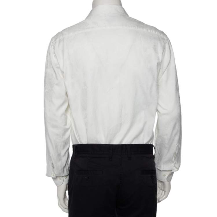 Pre Owned Hermes White Floral Jacquard Cotton Button Front Shirt L
