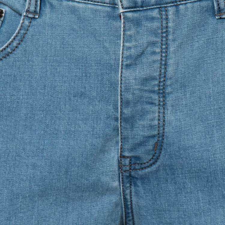 Pre Owned Hermes Light Blue Denim Logo Leather Tab Detail Jeans L 