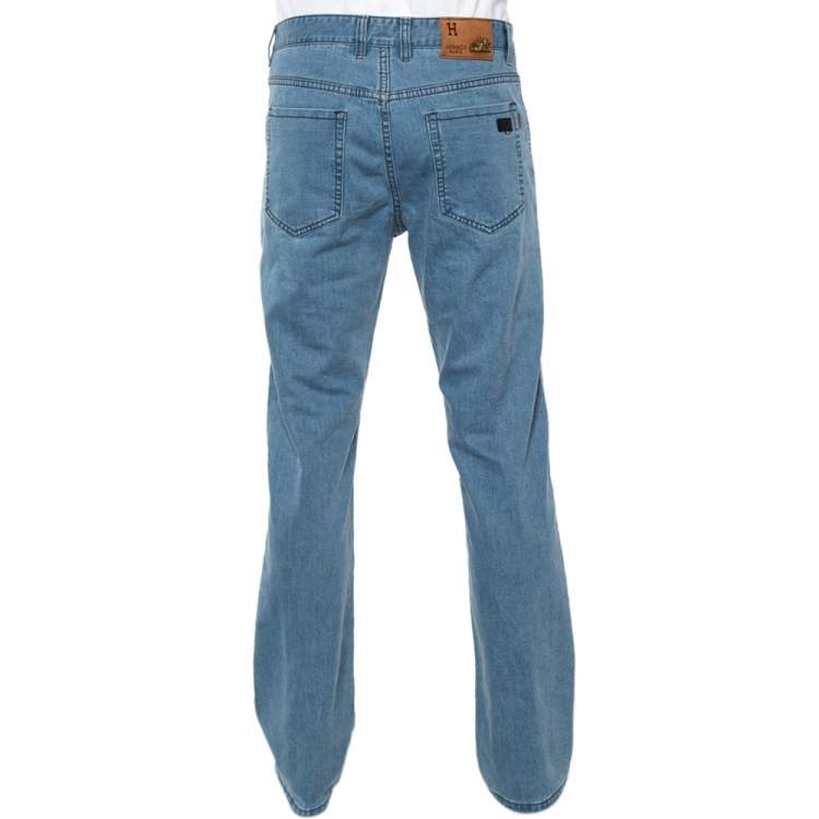 Pre Owned Hermes Light Blue Denim Logo Leather Tab Detail Jeans L 