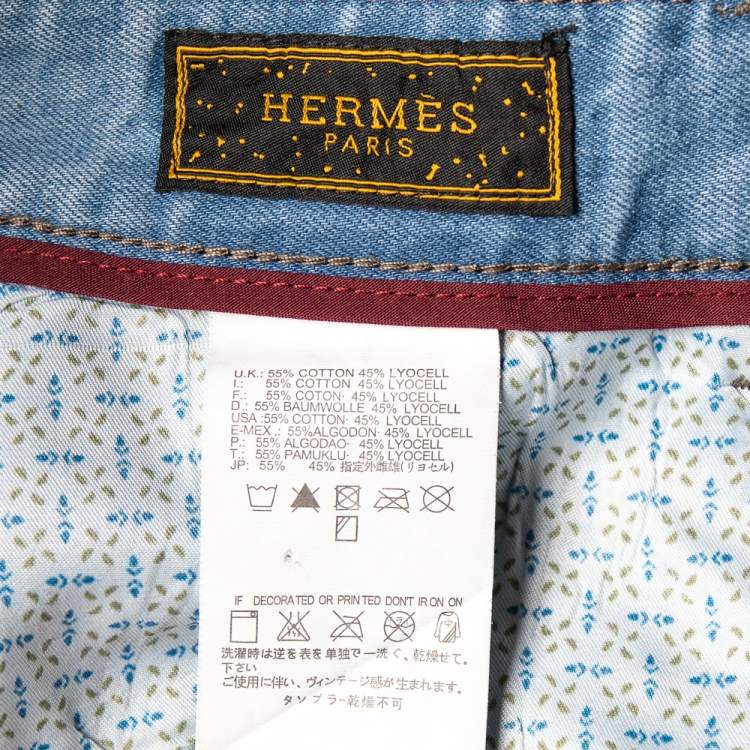 Pre Owned Hermes Light Blue Denim Logo Leather Tab Detail Jeans L 