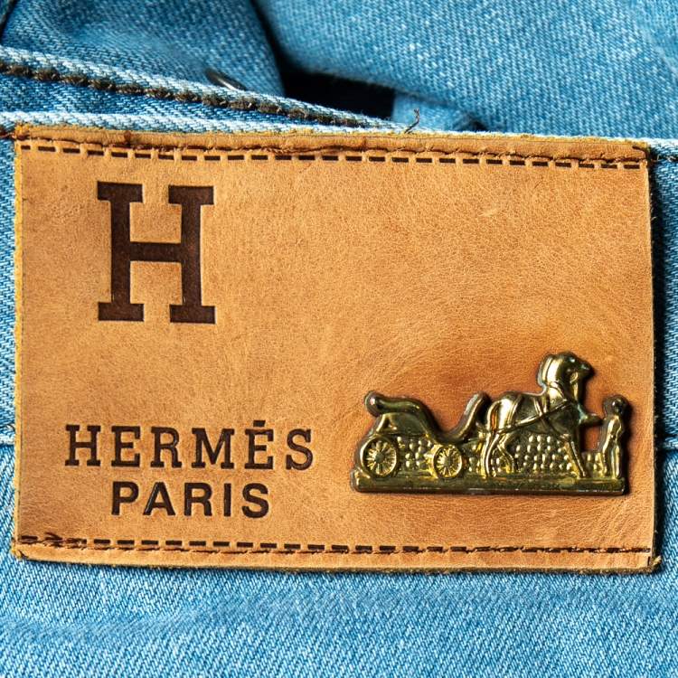 Pre Owned Hermes Light Blue Denim Logo Leather Tab Detail Jeans L 