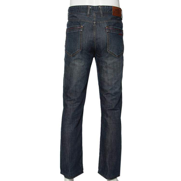 Pre Owned Hermes Blue Denim Logo Leather Tab Detail Jeans L