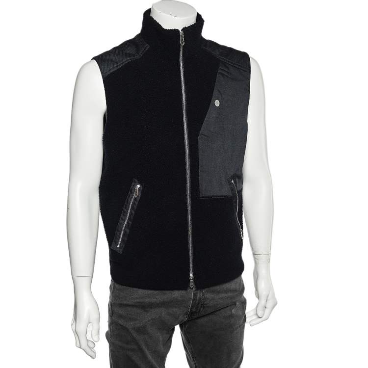 Pre Owned Hermes Navy Blue Fur & Twill Paneled Zipped Sleeveless Vest L
