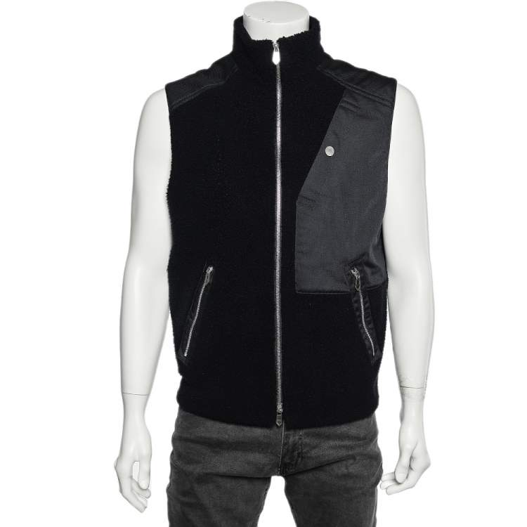 Pre Owned Hermes Navy Blue Fur & Twill Paneled Zipped Sleeveless Vest L