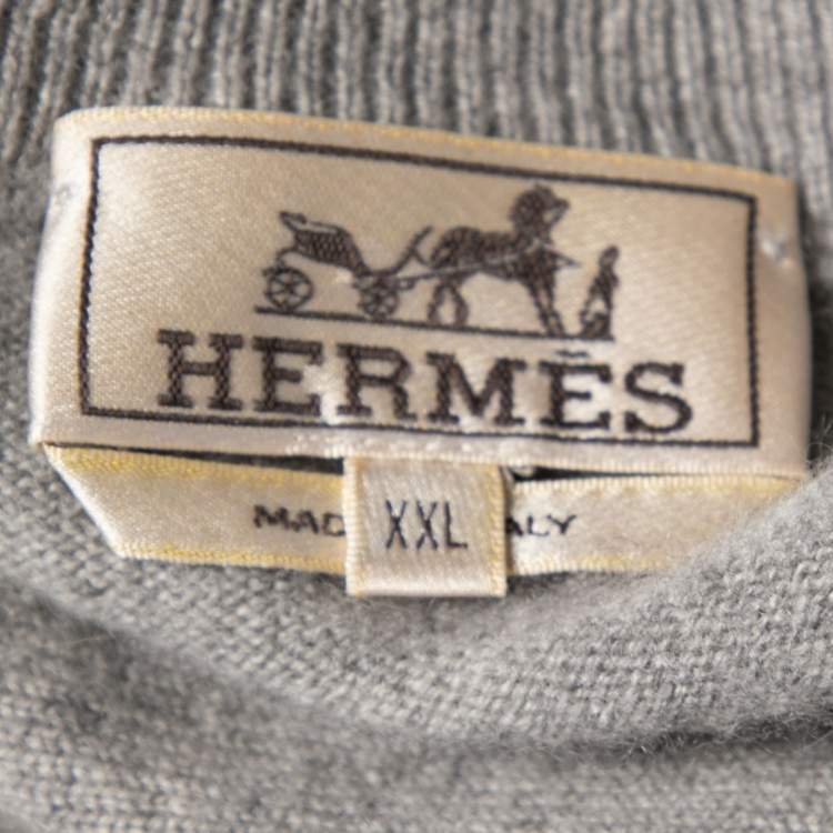 Pre Owned Hermes Grey Cashmere V-Neck Long Sleeve Sweater XXL