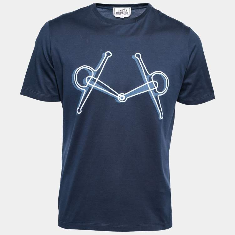 Pre Owned Hermes Navy Blue Mors Embroidered Cotton Crewneck T-Shirt M