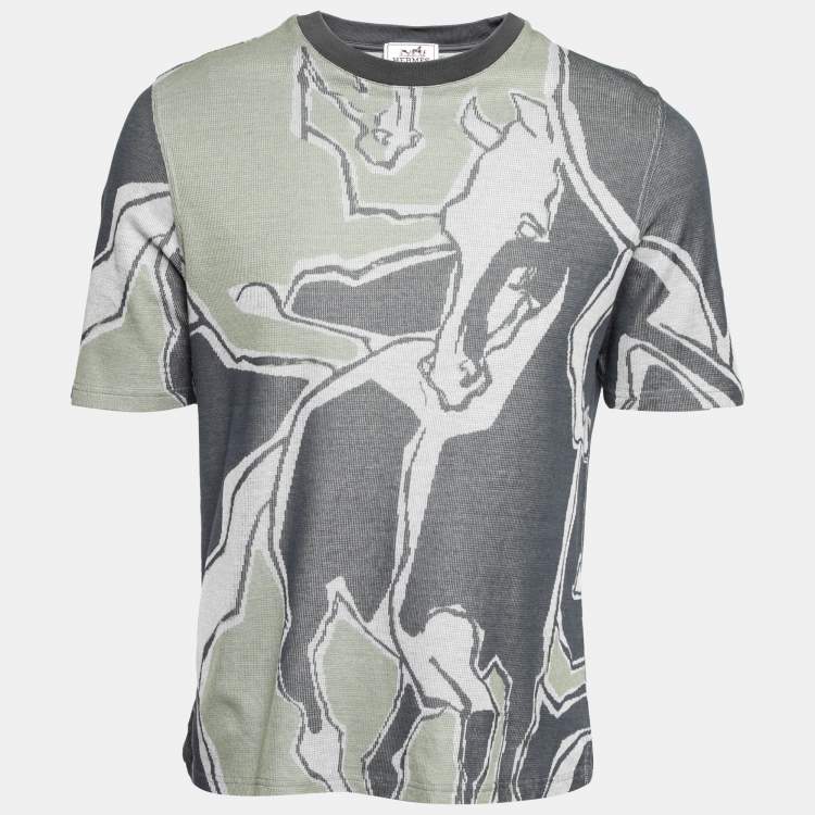 Pre Owned Hermès Grey/Green Horse Printed Cotton Crew Neck T-Shirt L