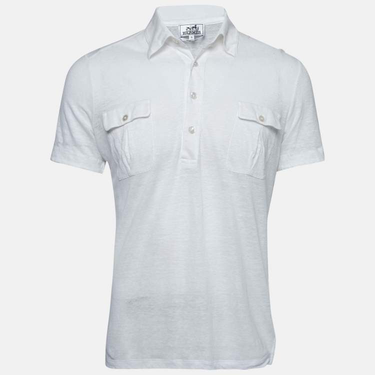 Pre Owned Hermes White Linen Pocketed Short Sleeve Polo T-Shirt M
