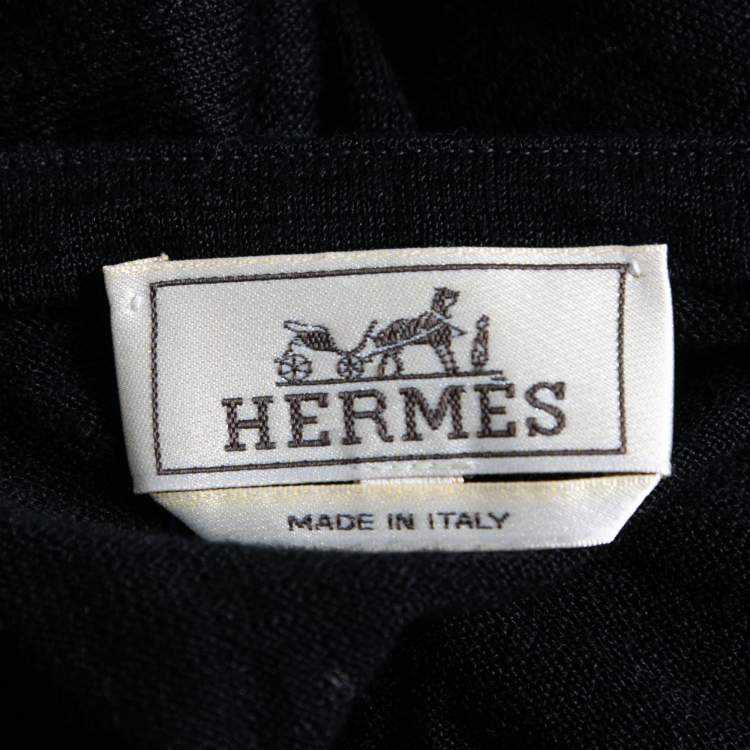 Pre Owned Hermes Black Linen-Blend Knit Mandarin Collar Shirt L