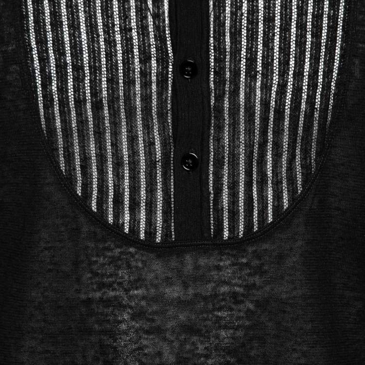 Pre Owned Hermes Black Linen-Blend Knit Mandarin Collar Shirt L