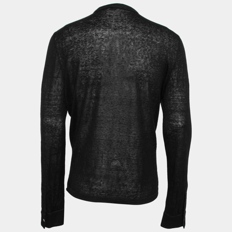 Pre Owned Hermes Black Linen-Blend Knit Mandarin Collar Shirt L