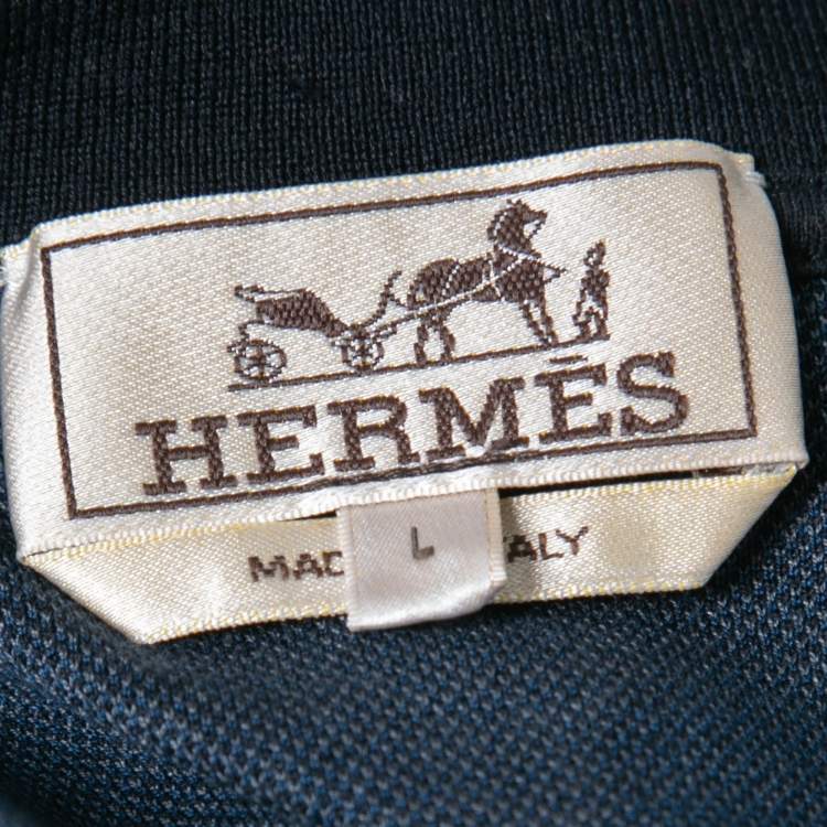 Pre Owned Hermes Navy Blue Intarsia Knit Round Neck Short Sleeve T-Shirt L