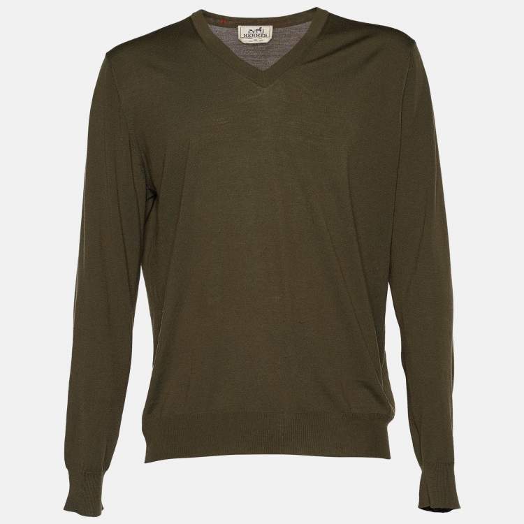 Pre Owned Hermes Olive Green Wool Knit Long Sleeve Jumper XXL
