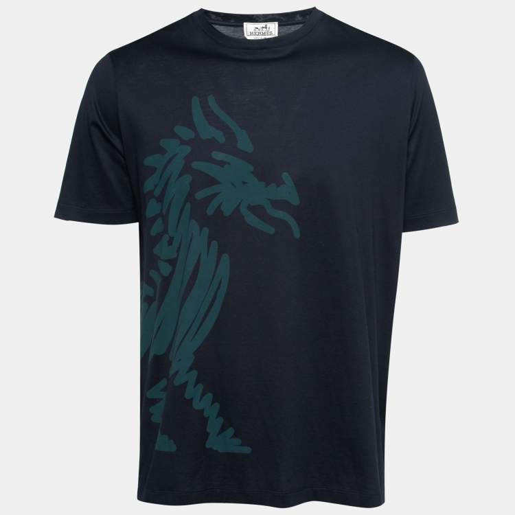 Pre Owned Hermes Navy Blue Cotton Dragon Print T-Shirt XL