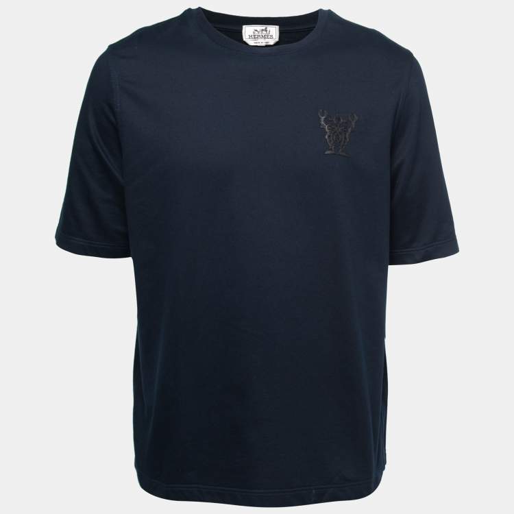 Pre Owned Hermes Navy Blue Cotton Embroidered Detail Short Sleeve T-Shirt L
