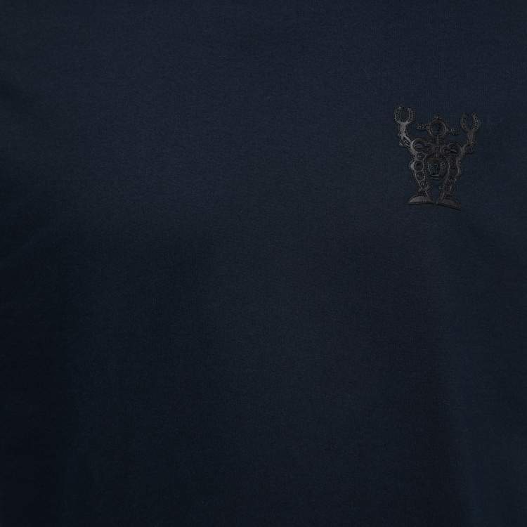 Pre Owned Hermes Navy Blue Cotton Embroidered Detail Short Sleeve T-Shirt L
