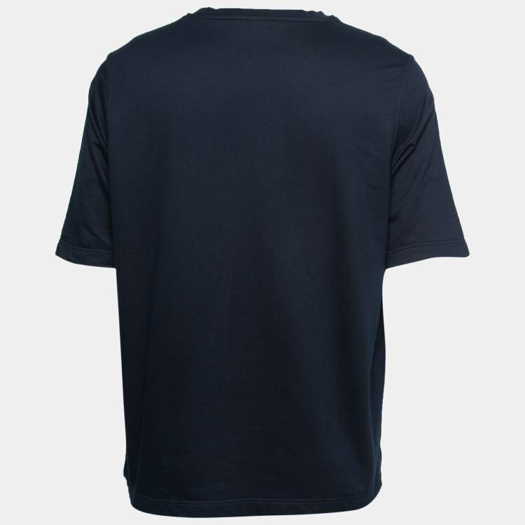Pre Owned Hermes Navy Blue Cotton Embroidered Detail Short Sleeve T-Shirt L
