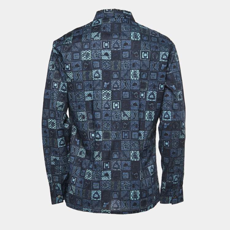 Pre Owned Hermes Blue Printed Cotton Button Front Shirt L