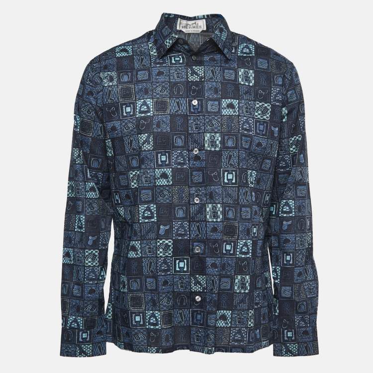 Pre Owned Hermes Blue Printed Cotton Button Front Shirt L