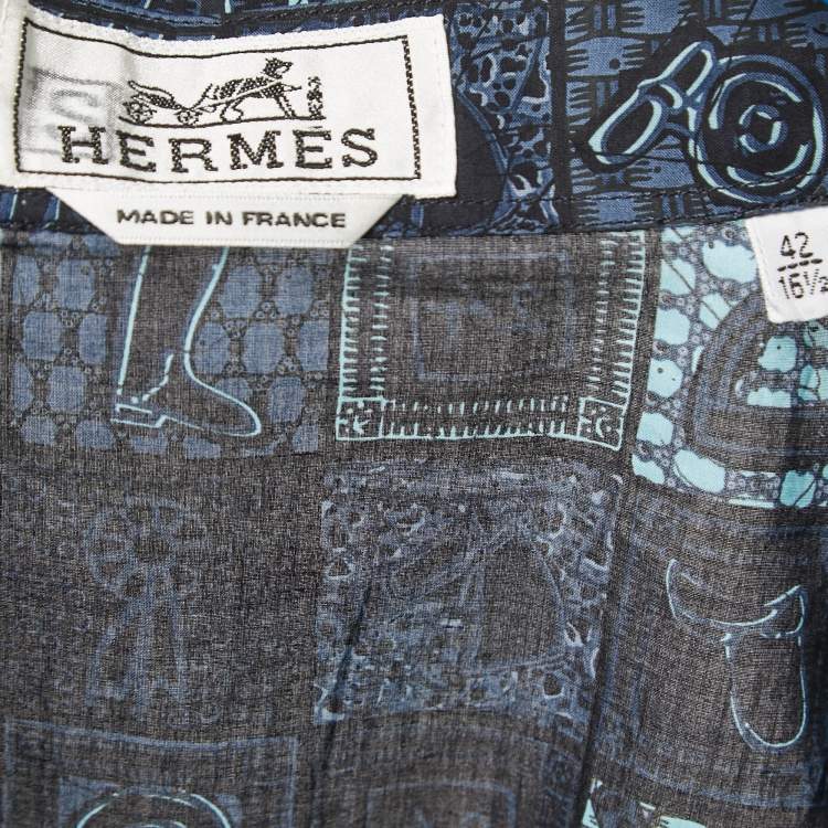 Pre Owned Hermes Blue Printed Cotton Button Front Shirt L