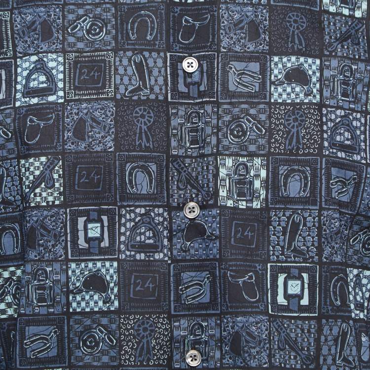 Pre Owned Hermes Blue Printed Cotton Button Front Shirt L