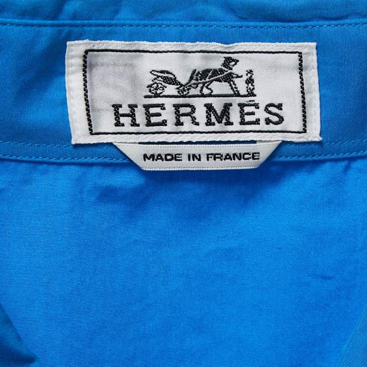 Pre Owned Hermes Blue Cotton Zip-Up Short Sleeve Shirt L