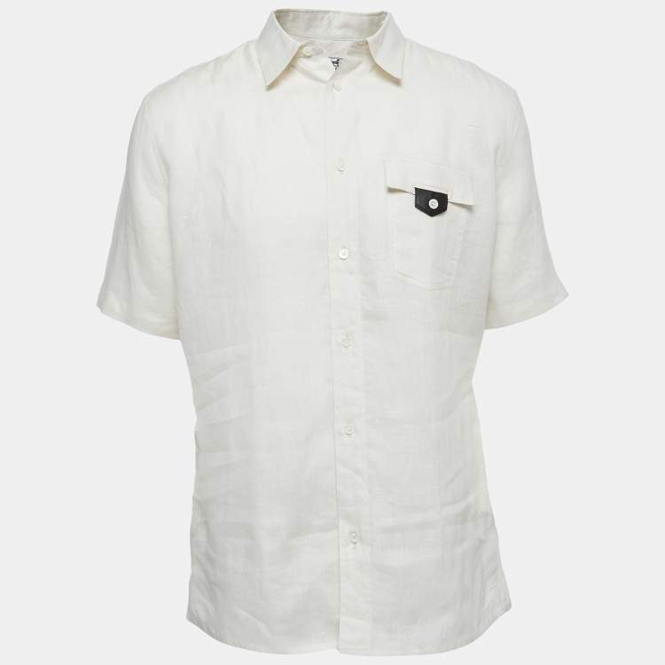 Pre Owned Hermes Ecru White Linen Short Sleeve Shirt L