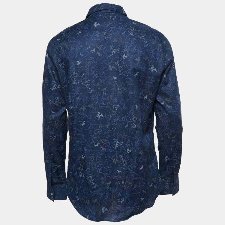 Pre Owned Hermes Navy Blue Dragon Patterned Cotton Button Front Shirt L