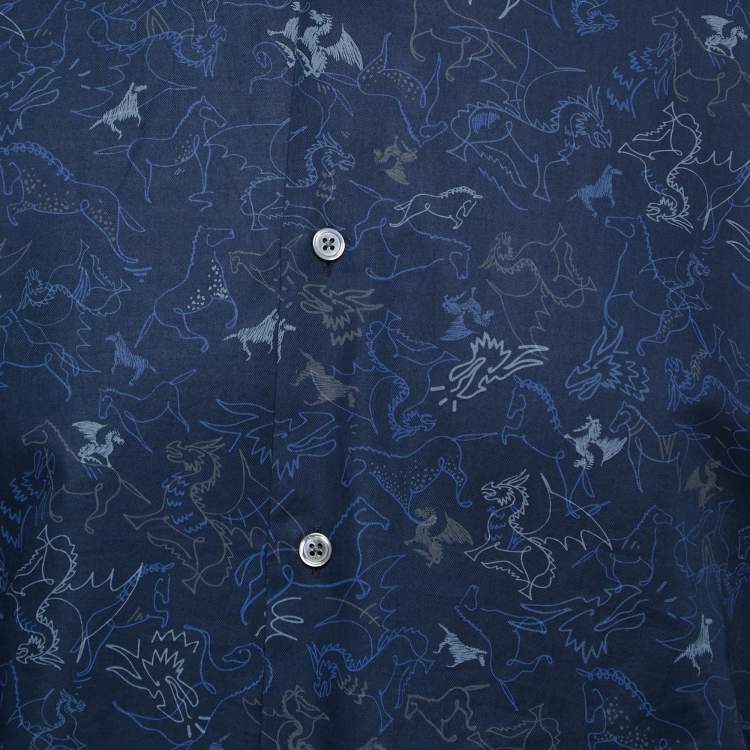 Pre Owned Hermes Navy Blue Dragon Patterned Cotton Button Front Shirt L