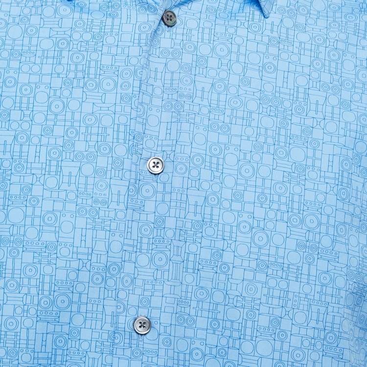 Pre Owned Hermes Light Blue Geometric Patterned Cotton Button Front Shirt L