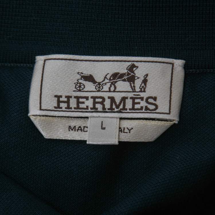 Pre Owned Hermes Navy Blue Cotton Pique Logo Embroidered Polo T-Shirt L