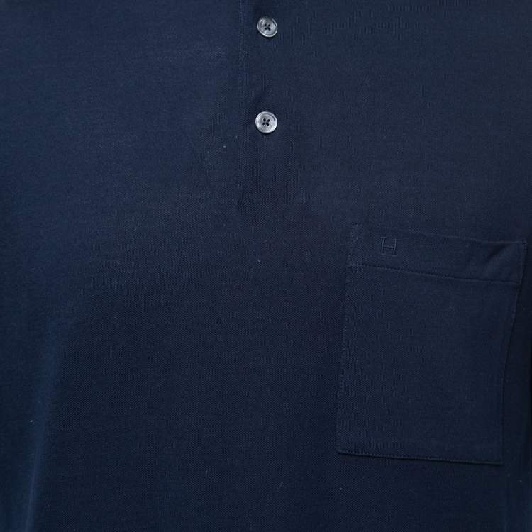 Pre Owned Hermes Navy Blue Cotton Pique Logo Embroidered Polo T-Shirt L